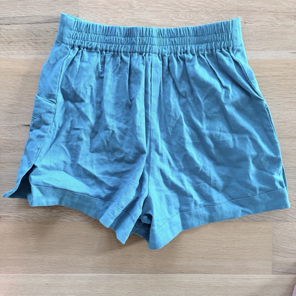 House of Harlow 1960 Linen Blend Shorts XS Teal Turquoise High Waist Tailored - Picture 2 of 5